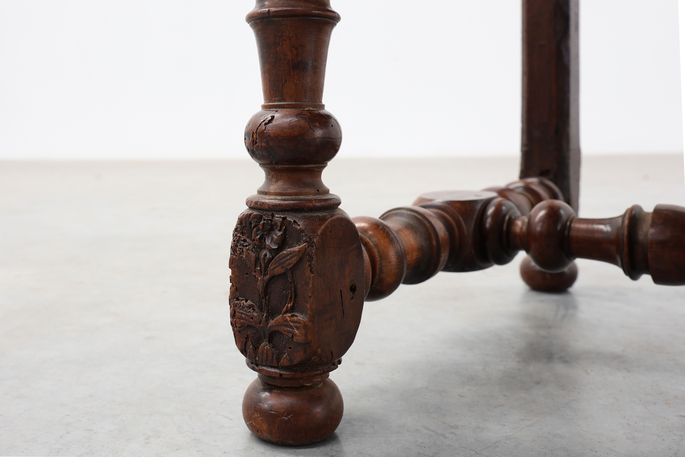 Louis XIII walnut stool with carved turned stretchers and upholstered seat, France, 17th centurythumbnail